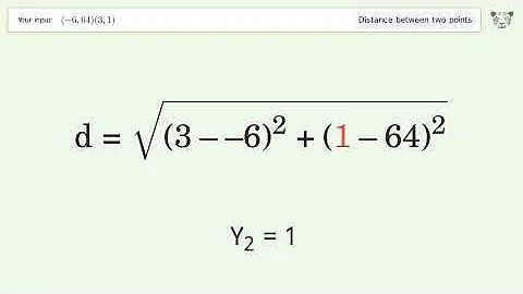 Find the distance between two points p1 (-6,64) and p2 (3,1): Step-by-Step Video Solution