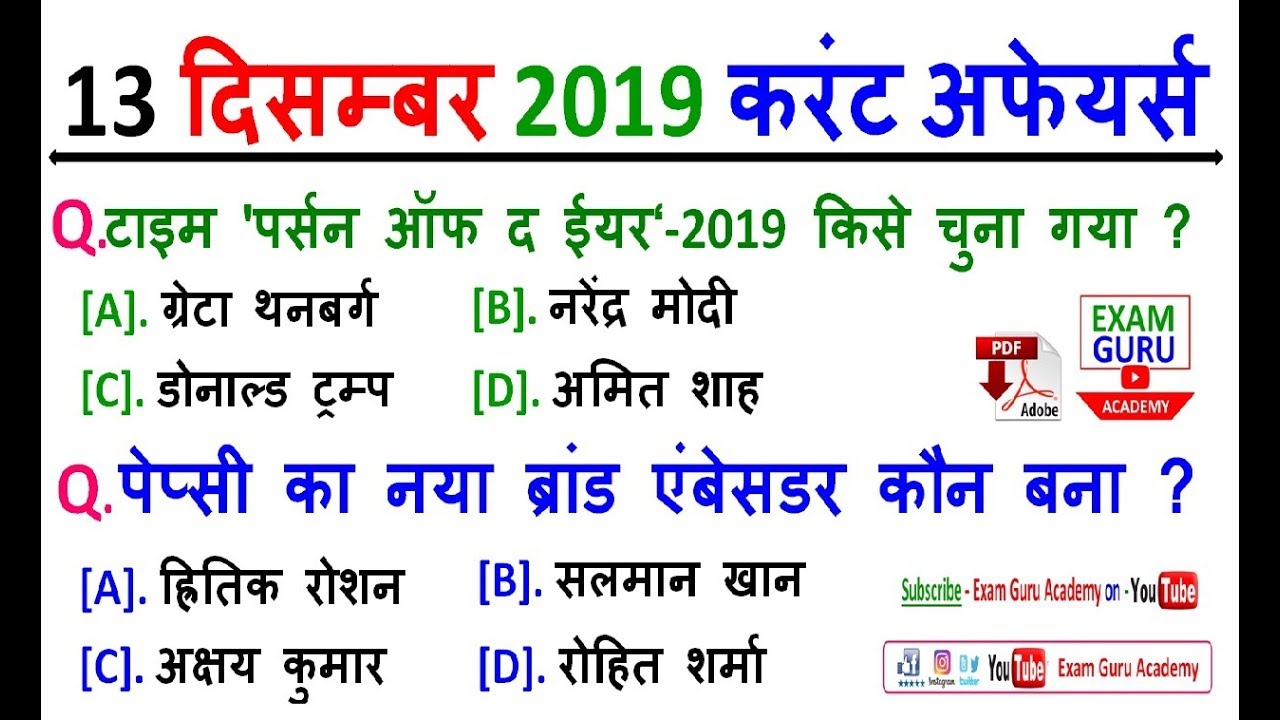 13 December 2019 Daily Current Affairs MCQ | For - All Comptitive Exams ...