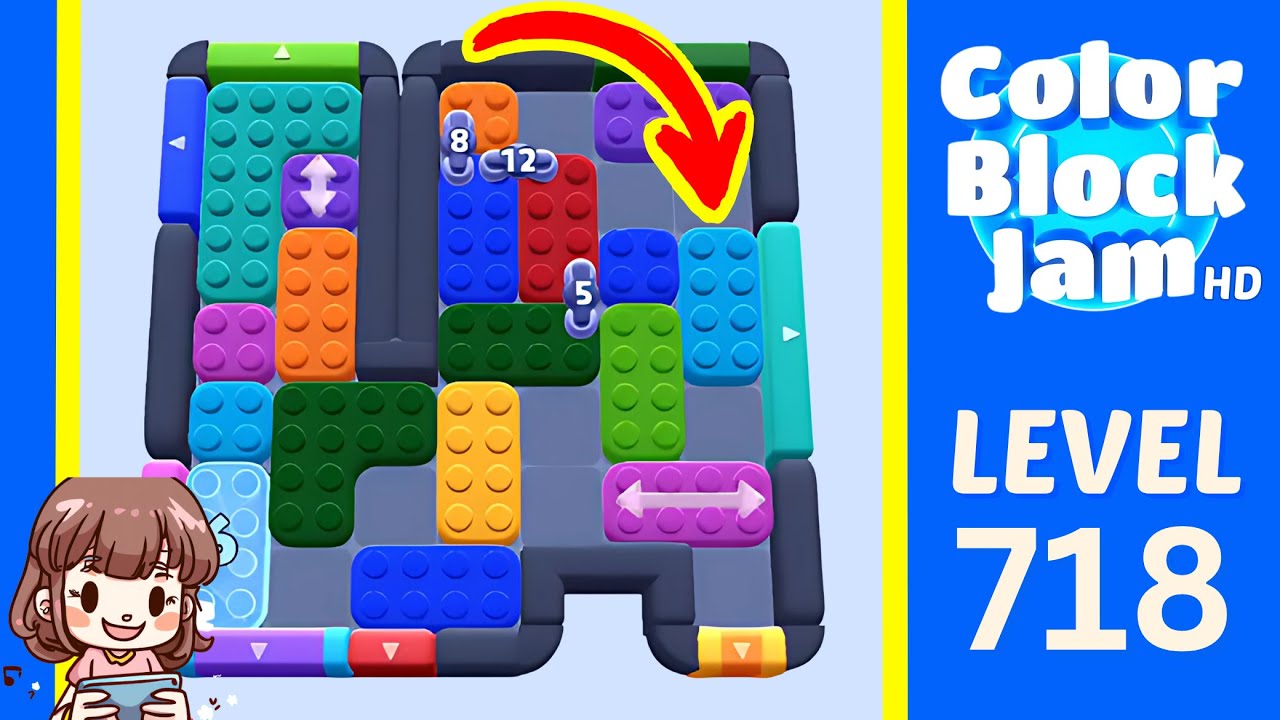 Color Block Jam Level 733 historical Level 718 board mapped by the source title to current Level 733, with a left cyan counter lane, an upper green/cyan stack, orange blockers through the center, and a right-side red/blue cluster opening frame