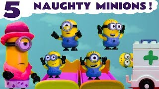 The five naughty Minions are jumping on the bed like 5 little monkeys . Mummy tells them to stop because they will fall off and bump 