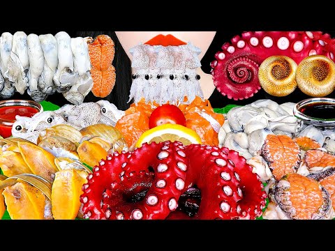 ASMR RAW SEAFOOD *BABY SQUID, OYSTER, OCTOPUS SALMON, HORN CONCH EATING SOUNDS MUKBANG KOREAN 해산물 먹방