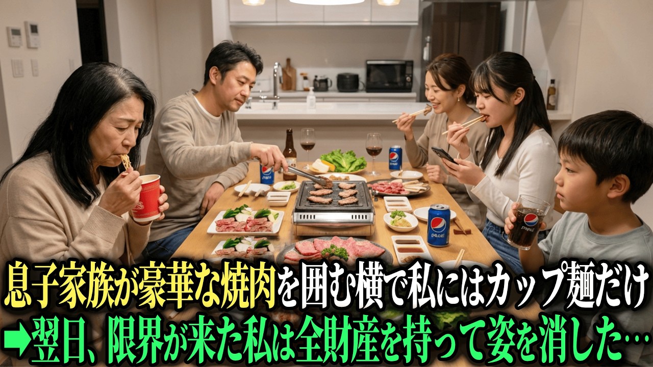 「お義母さんの分はないわよ」息子家族が豪華な焼肉を囲む横で、月25万円援助する私に出されたのはカップ麺だけ。翌日、全財産を持って姿を消した結果・・・【シニアのスカッと朗読】【老後の知恵】