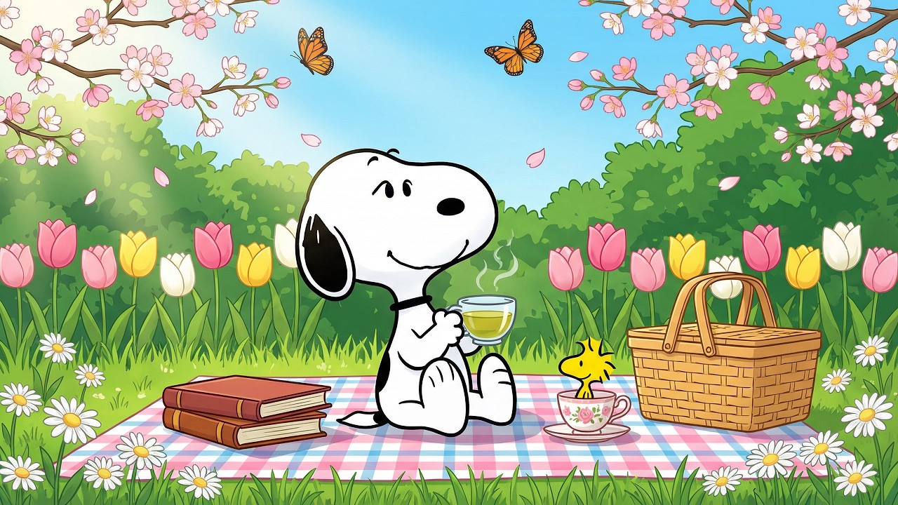 Relaxing Lofi Music with Snoopy 🦋 Spring Garden Picnic Ambience for Study, Relax & Sleep