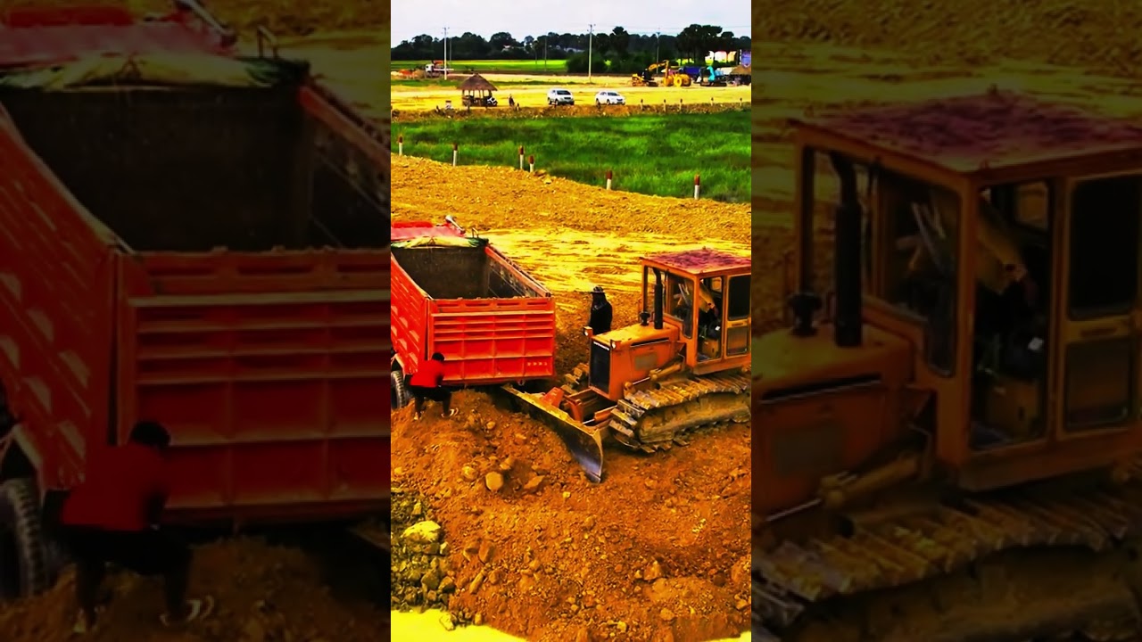 Heavy Machinery in Action  Bulldozer Pushing Soil to Dump Trucks EP038