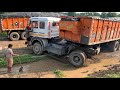 Tata lps 4018 18 wheeler heavy duty truck got stuck in mud while BharatBenz 4928T made it look easy