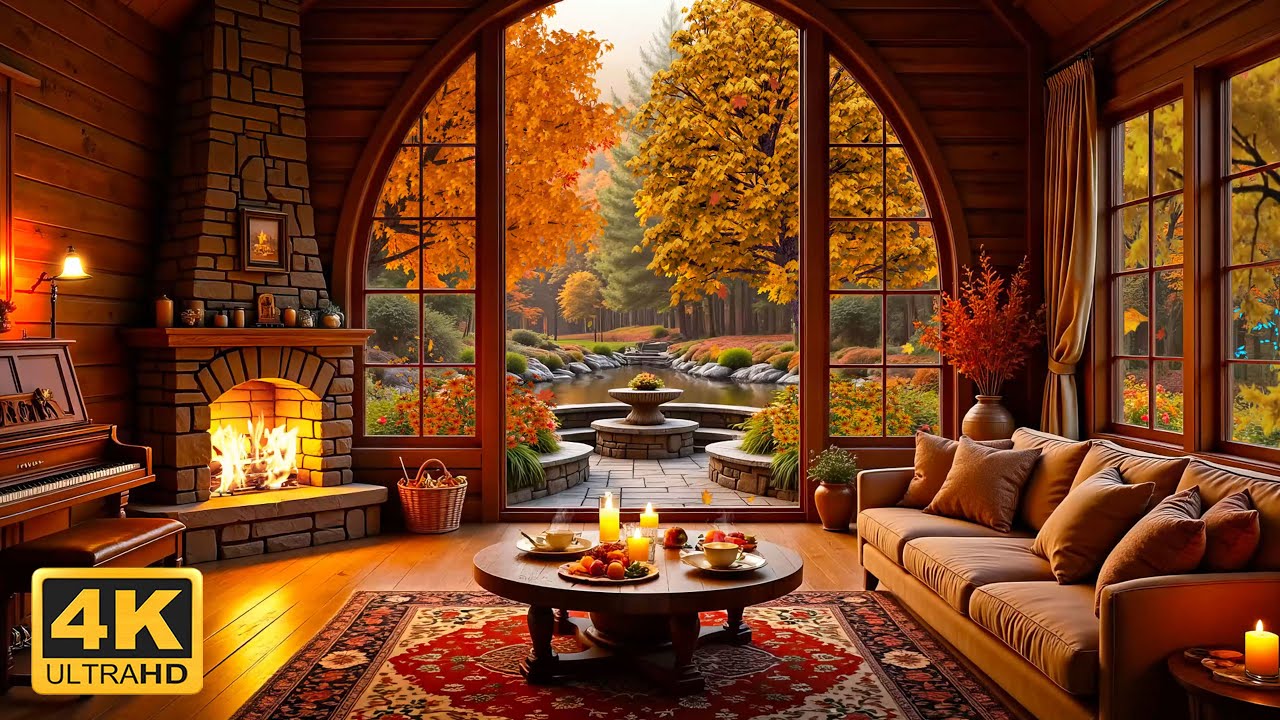 Autumn Cabin Livingroom by the Lake 🍁 Cozy Fireplace & Relaxing Piano ...