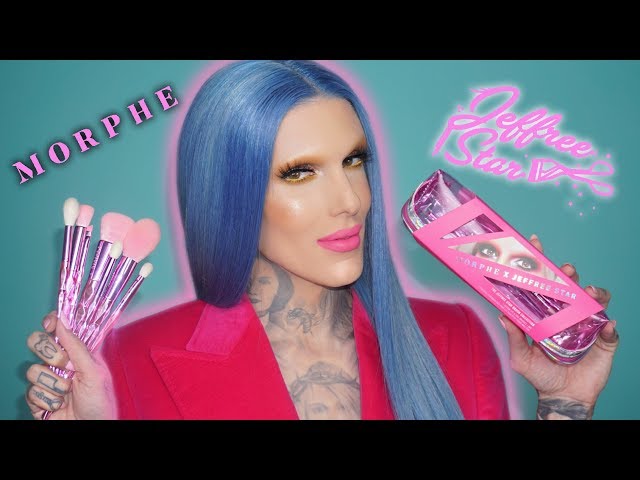 JEFFREE STAR Collaboration with MORPHE BRUSHES BEAUTY AD CAMPAIGN-  Strawberry, Makeup Brushes, Strawberries, Pink and Green, Half Face Makeup