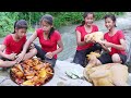 Survival cooking in forest- Chicken curry delicious for lunch near river
