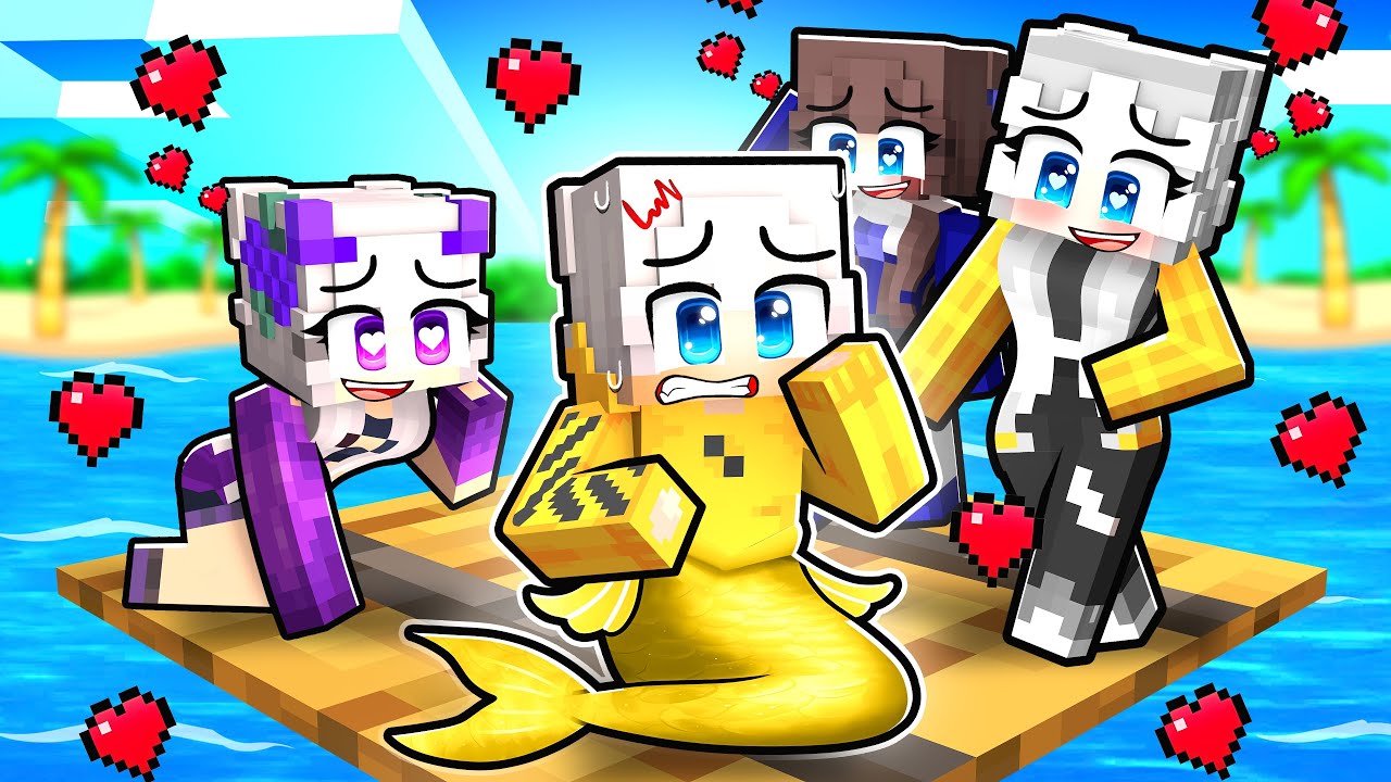 Un RAGAZZO SIRENA su una ZATTERA di SOLE RAGAZZE in Minecraft!