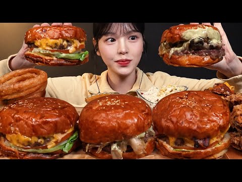 SUB)육즙팡팡 햄버거 먹방! 꾸덕한 치즈소스 푹푹 찍어먹기 어니언링 버섯튀김까지 수제버거 꿀조합 리얼사운드 Burgers Mukbang Asmr