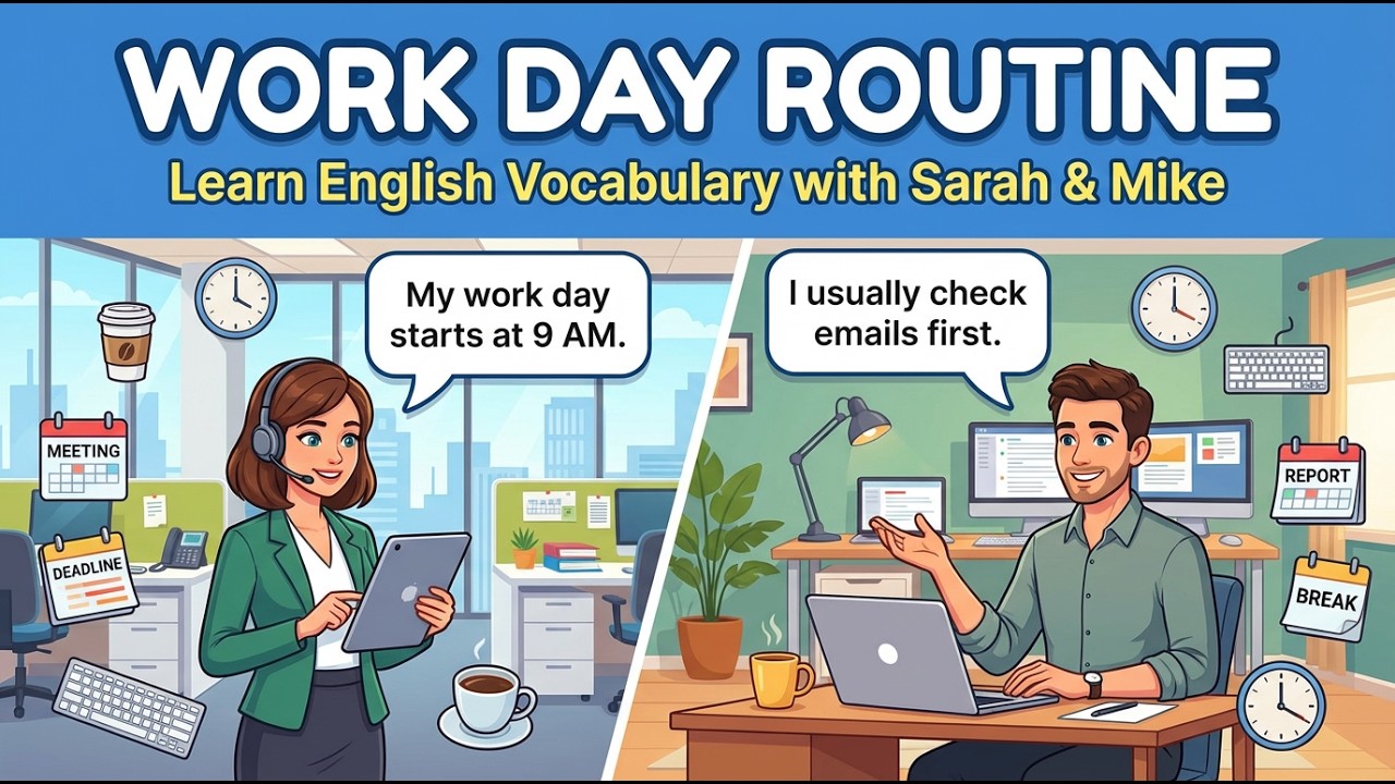 Talk About Your Work Day Routine in English – Learn Daily Work Vocabulary with Sarah & Mike