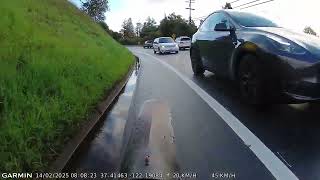 Tesla Drift Into Occupied Bike Lane on Alpine 2025.02.14