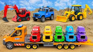 Excavator, Backhoe Loader and Long Truck with Colorful Cars | Toy Vehicle Story