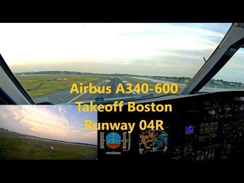Airbus A340-600 Takeoff Boston KBOS runway 04R - pilot's view 4K