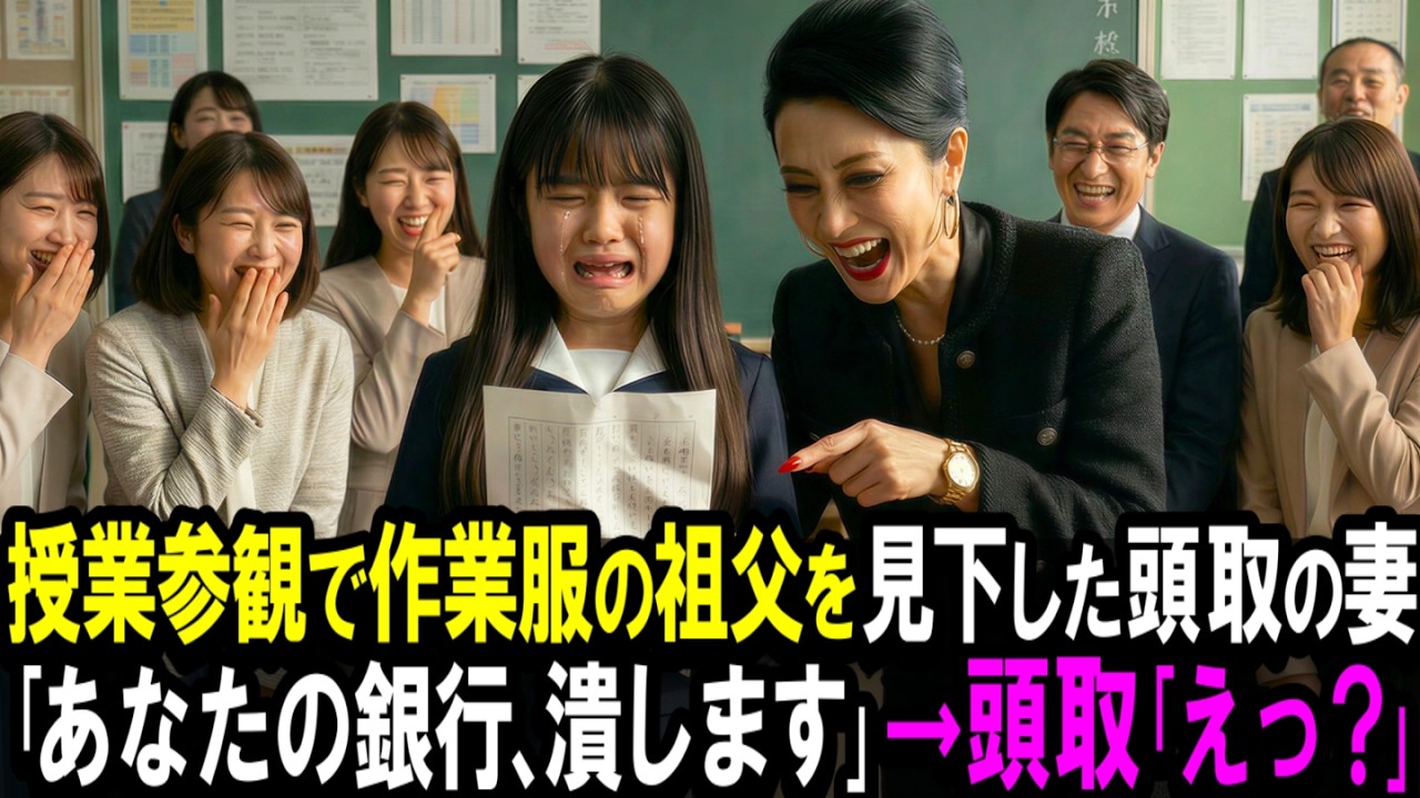 【スカッと】授業参観で泥まみれの作業服の祖父を見下した頭取の妻。祖父｢あなたの銀行潰します｣→頭取｢えっ？｣【シニア】