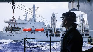 HMS Queen Elizabeth and RFA Fort Victoria  live ammunition replenishment