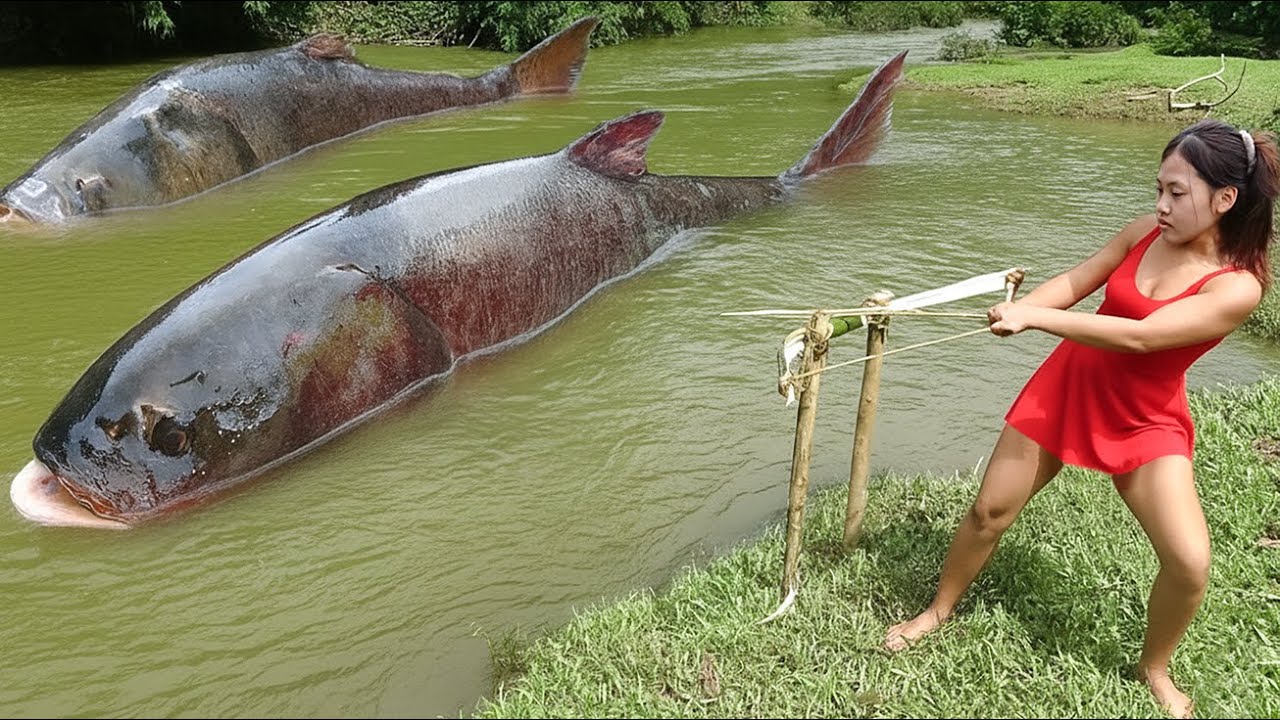 Harvesting Primitive Bowfishing: Smart Girl Crafts a Bow to Hunt GIANT Fish in the Wilderness | LISA