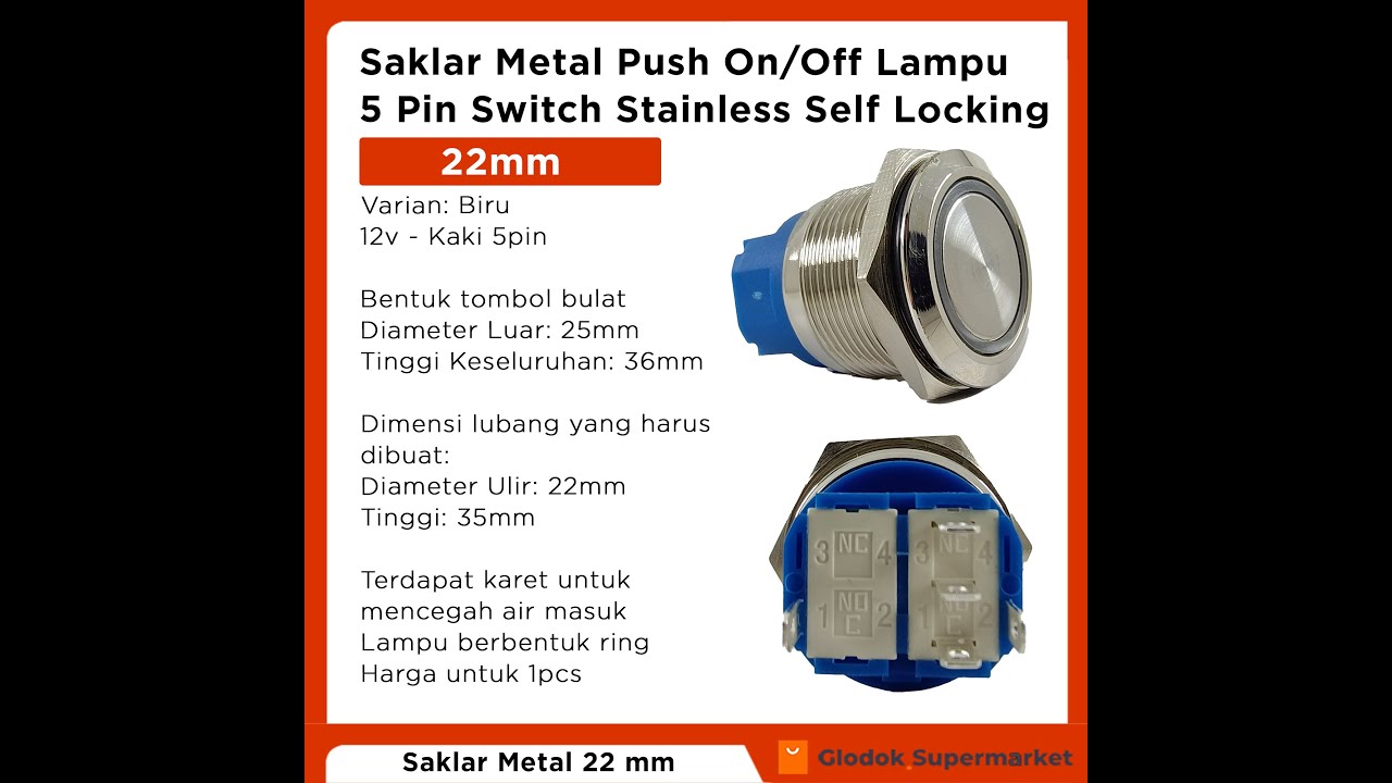 Saklar Metal 22mm Push On Off Lampu 5 Pin Switch Stainless 5pin LED ...