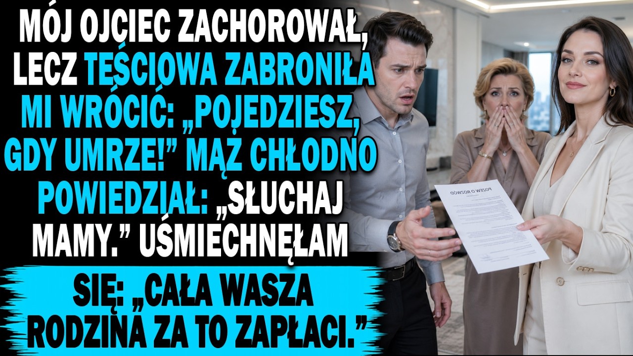 Stałam w kuchni, gdy mama zadzwoniła, że tata ma udar. Zanim zdążyłam wyjść, teściowa odstawiła kubek i syknęła: „Jak ten twój ojciec w końcu umrze, to ci pozwolę jechać.” Mąż tylko wzruszył...