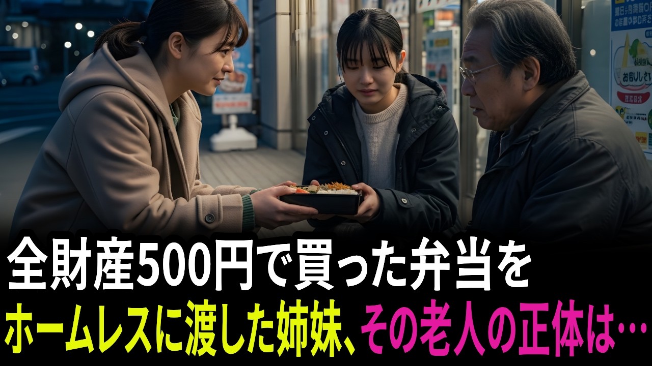 全財産500円で買った弁当をホームレスのおじいさんに渡した姉妹、その老人の本当の正体は…#感動する話