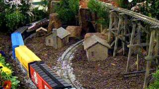 three train meet on the 2010 ECLSTS layout built by the Susquehanna valley garden railway society