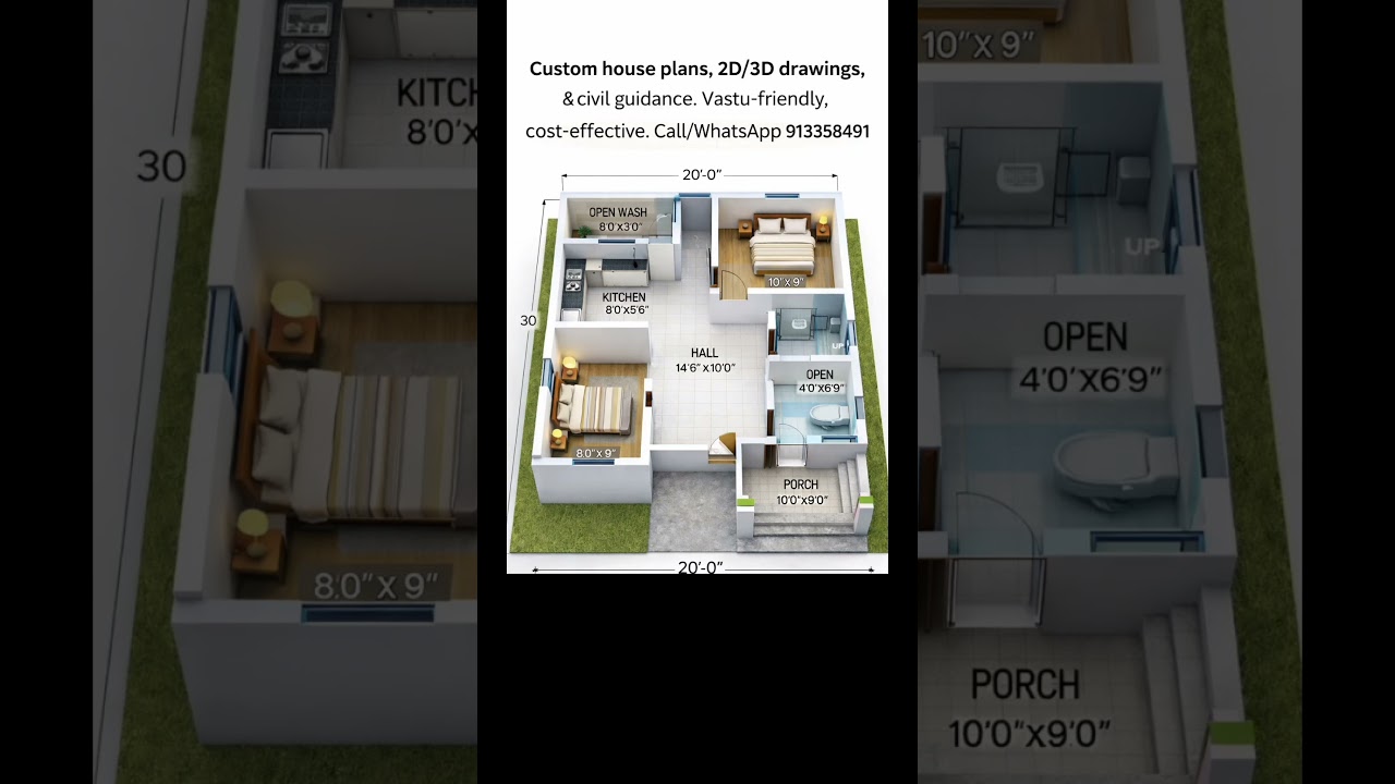 20×30 House Plan | 2BHK with Porch | 20 by 30 House Design
