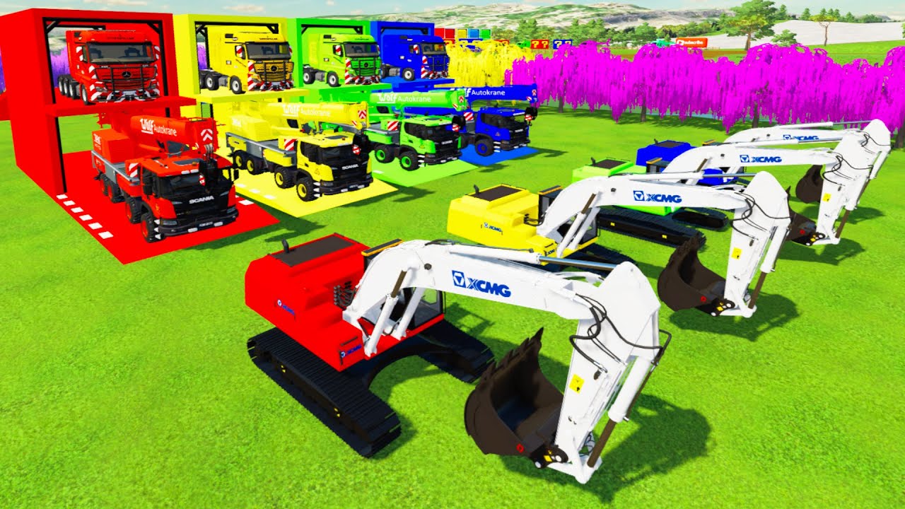 Colorful trucks - ALL COLORFUL XCMG EXCAVATOR, SCANIA CRANE TRANSPORTING TO COLORFUL GARAGE 