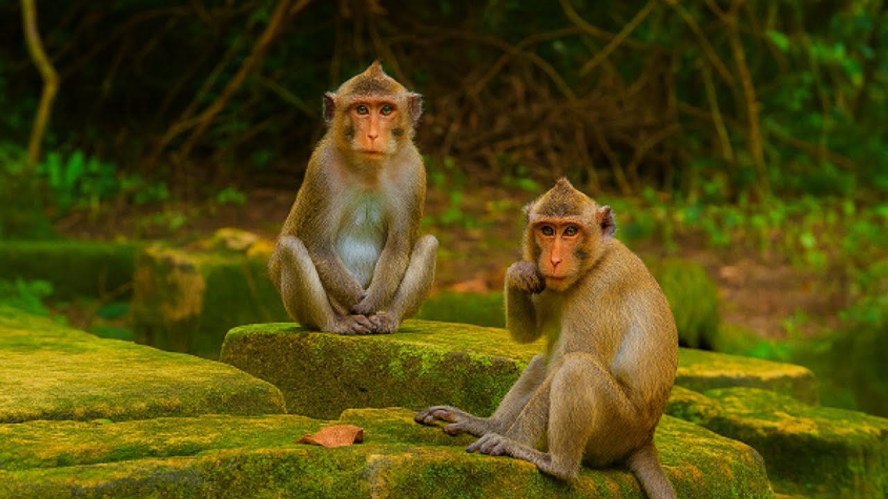 The Wild Monkeys Relaxing on Ancient Jungle Ruins