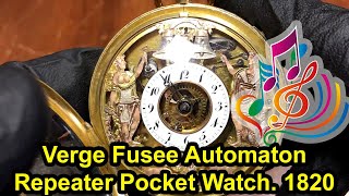 BO-D-338- Antique Verge Fusee Skeleton Automaton Quarter-Repeater Pocket Watch. France, 1820