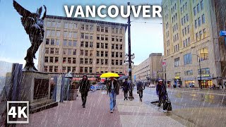 【4K】Downtown Vancouver Walk on A Cold Rainy Day, Travel Canada 2023, Binaural City Sounds