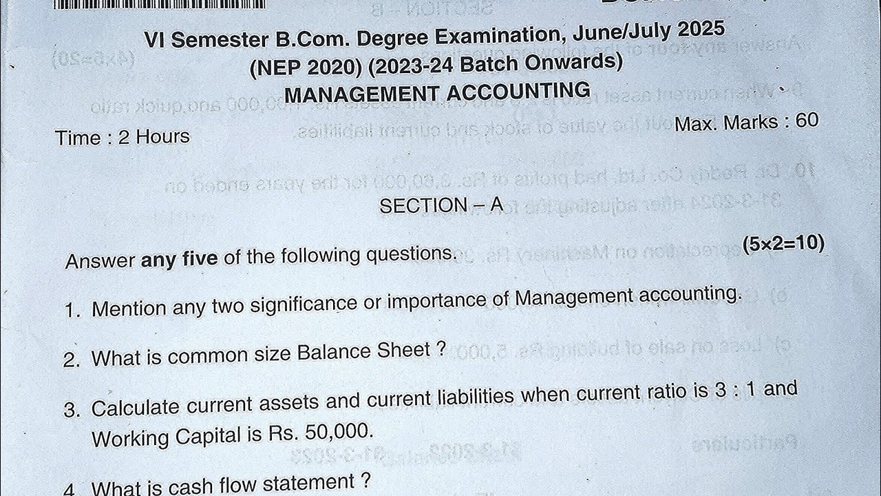 Bcom 6th semester Management Accounting question paper 2025 # ...