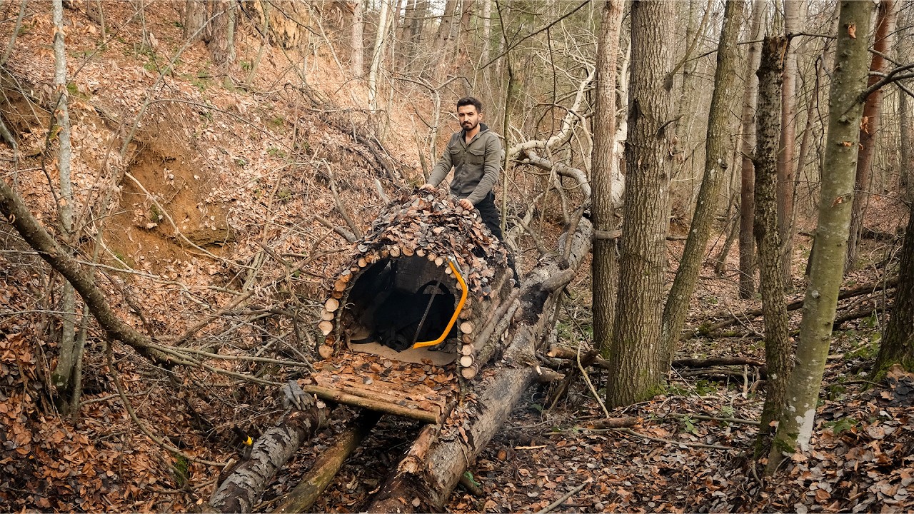 Building a Bushcraft Shelter ON FALLEN TREE Solo Survival, Bushcraft ...
