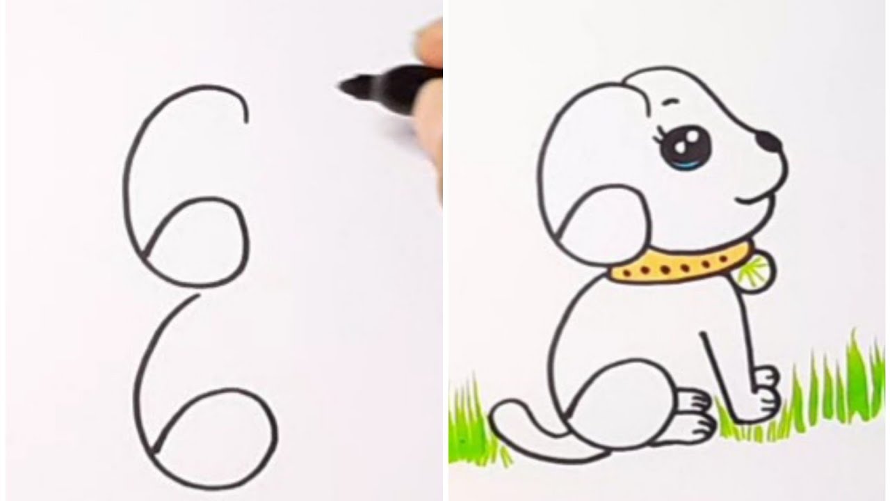 How to draw a cute dog using number 6 #dog #drawing #kids - YouTube