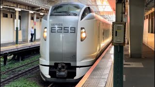 E259系ｸﾗNe002編成（新塗装）が西大井駅1番線を通過するシーン（2024.5.17.12:58）