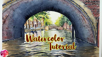 Watercolor painting of Amsterdam bridge on canal with water reflections, easy tutorial for beginners
