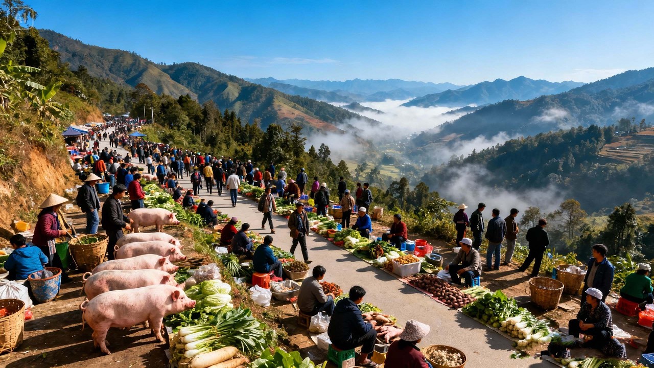 Chợ tết tây bắc cuối năm hàng ngàn người ùn ùn từ trên núi xuống chợ