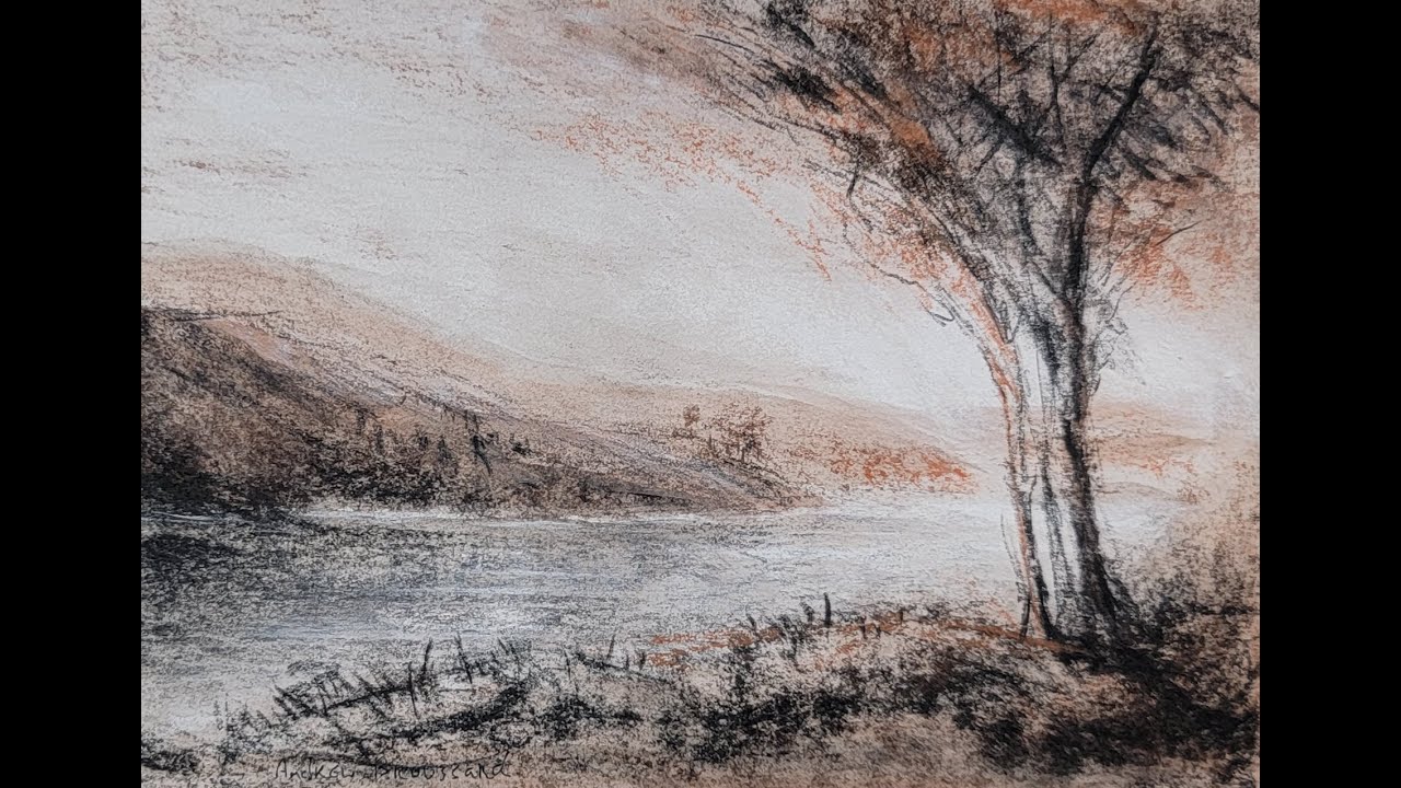 628) Landscape sketching and washes: Conte Crayon Matchbox Set on toned  paper. 