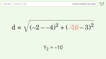 Find the distance between two points p1 (-4,3) and p2 (-2,-10): Step-by-Step Video Solution
