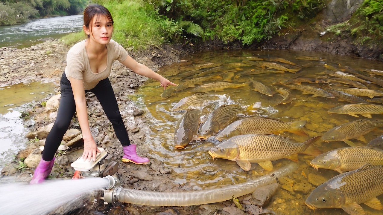 The young woman used a pump to drain the water from the lake and caught ...