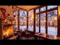 Valentine’s Day Café Ambience ❤️ Fireplace, Snowy European Village