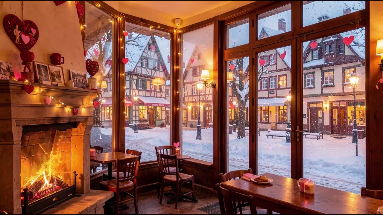 Valentine’s Day Café Ambience ❤️ Fireplace, Snowy European Village