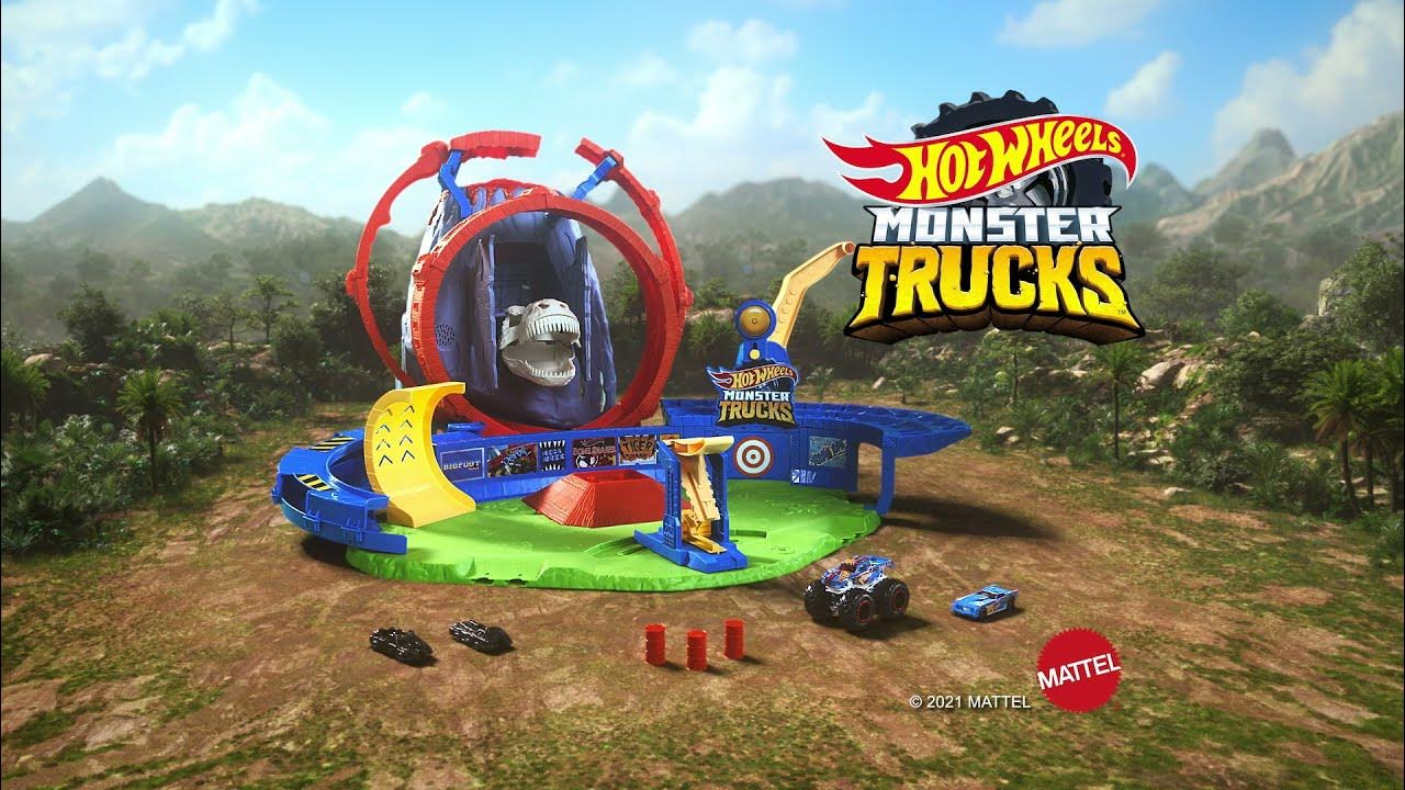 Hot Wheels Monster Truck T-Rex Volcano Arena Track Playset with