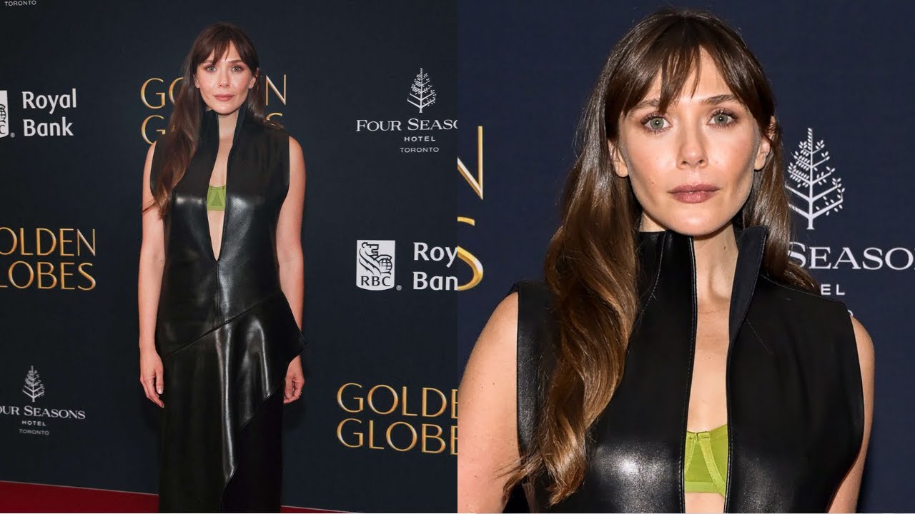 Elizabeth Olsen Plunging Leather Dress, Neon Green Bra at 2025 Golden Globes Party Elizabeth Olsen Plunging Leather Dress, Neon Green Bra at 2025 Golden Globes Party