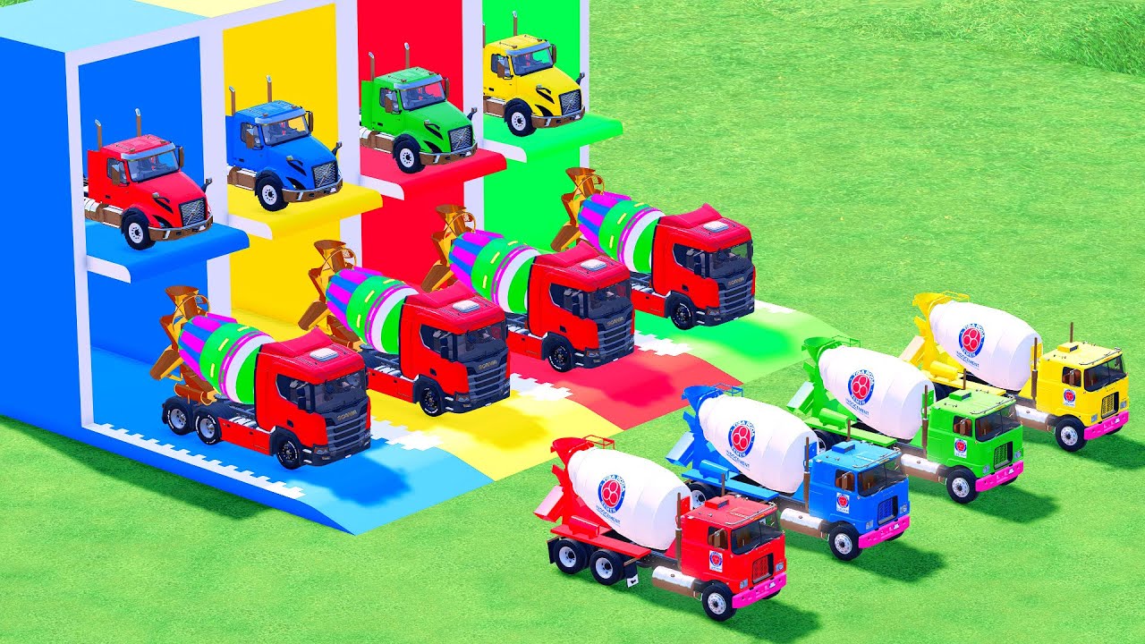 Garage with Colors - ALL MIXER TRUCK WITH DOUBLE FLATBED TRAILER TRUCK, IVEC, MERCEDES, FREIGHTLINER