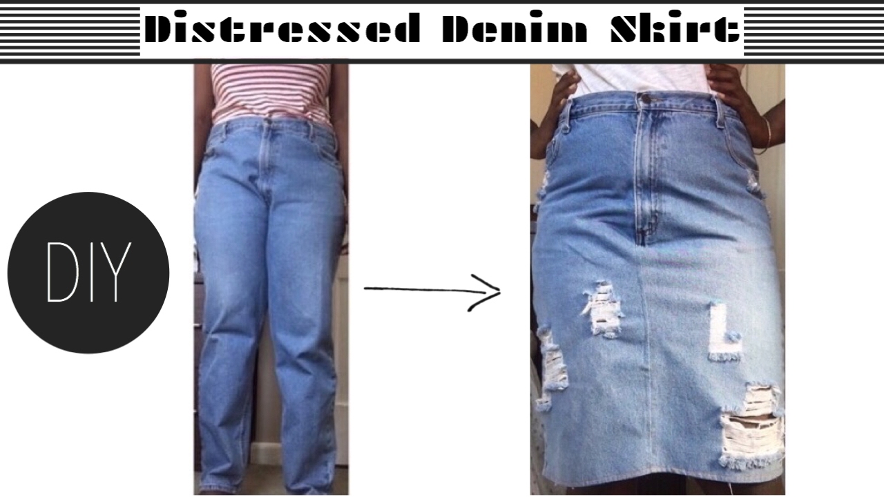 DIY $4 Jeans To distressed Skirt - YouTube