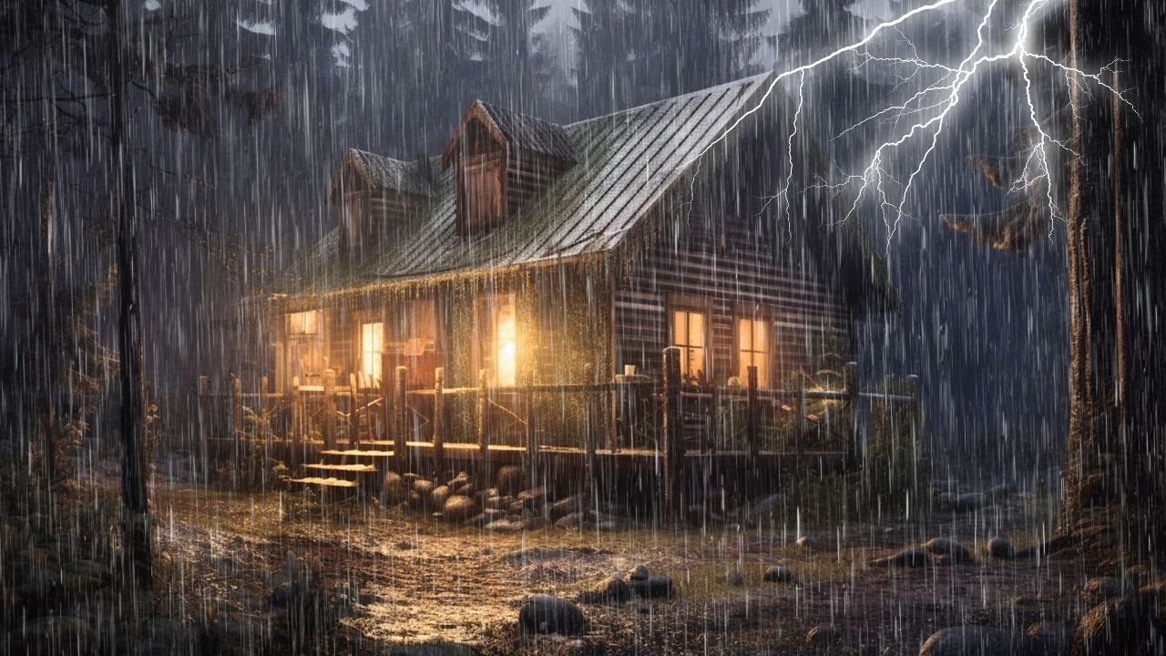 Night Rain & Distant Thunder In A Forest Log Cabin, Deep Sleep With ...
