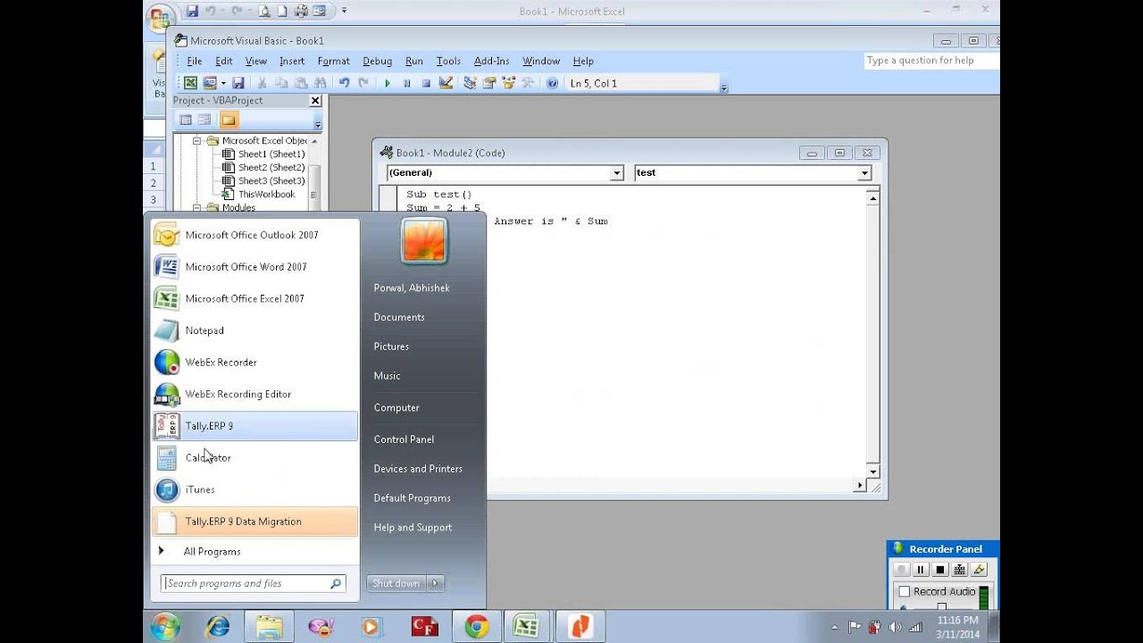 Excel VBA example 1: Sub procedure to add two numbers