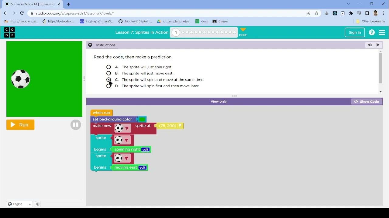 Code.org Lesson 7 Sprites In Action Answers L7-1 |Code.org | Express-2021 | Lesson 7:Sprites in Action | level 1