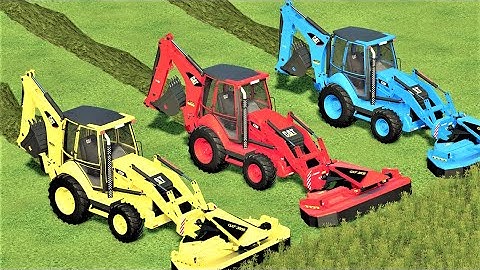 LOADER OF COLORS ! TRANSPORTING & GRASS MOWING with CAT BACKHOE LOADERS ! Farming Simulator 22
