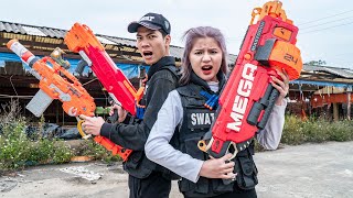 GUGU Nerf War : Two Girl SWAT TEAM CID Dragon Fight Crime XICMAN MASK Brick Factory Battle